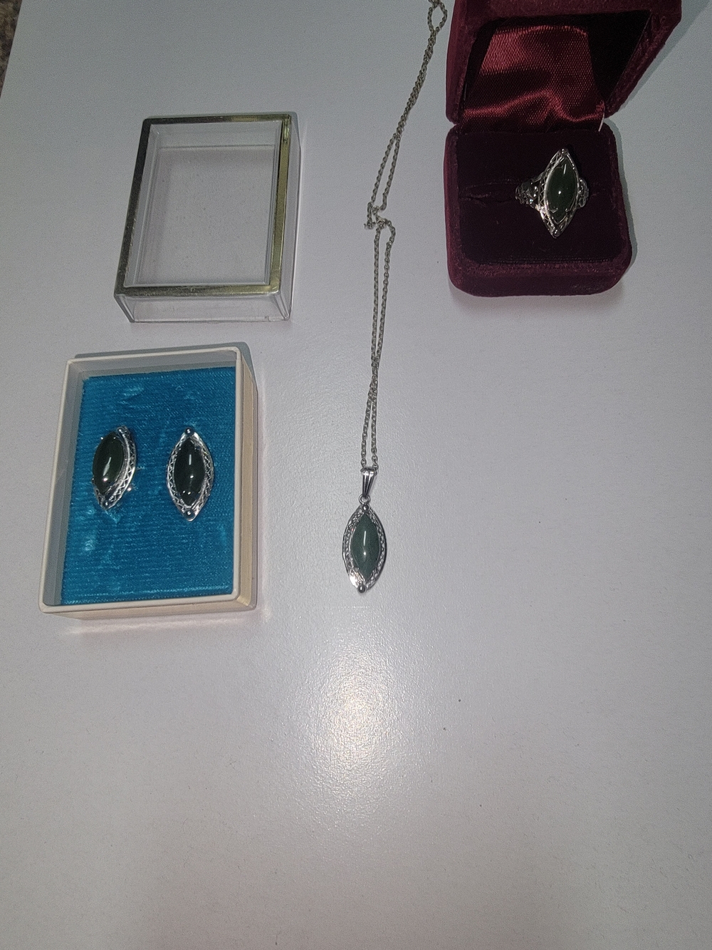 Silver Green Onyx Marquise Pendant, Ring & Clip On Earrings Set